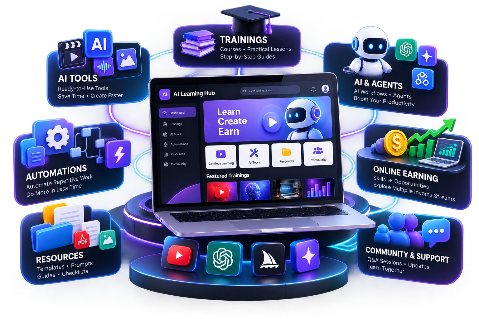 AI Learning Hub ecosystem featuring trainings, AI tools, automations, agents, online earning, resources, and community support